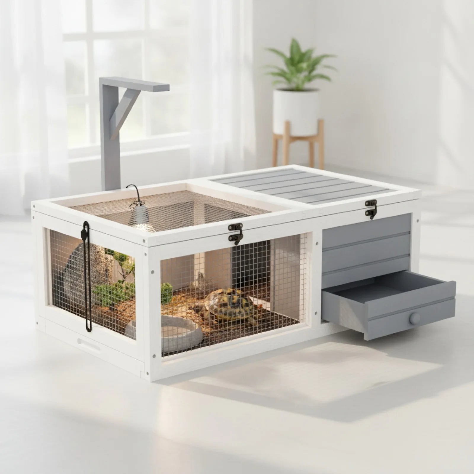 Enclos Tortue Terrestre PawHut - Double Espace & Support Lampe